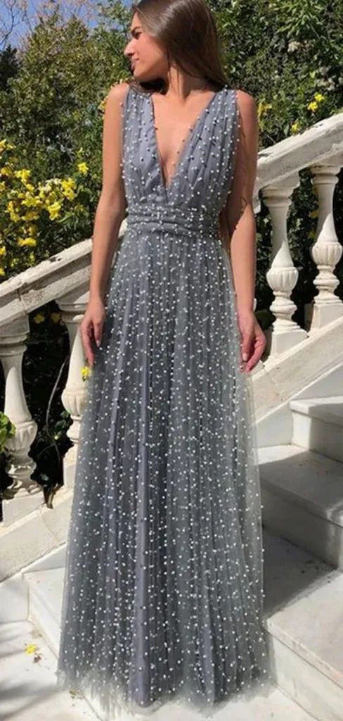 Unique V-neck Sleeveless A-line Satin Evening Prom Dresses