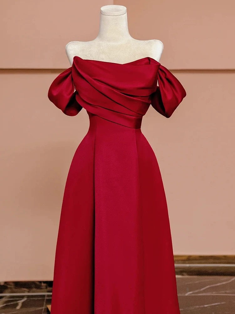 Sexy A Line Off The Shoulder Red Satin Floor Length Evening Dress Prom Dresses