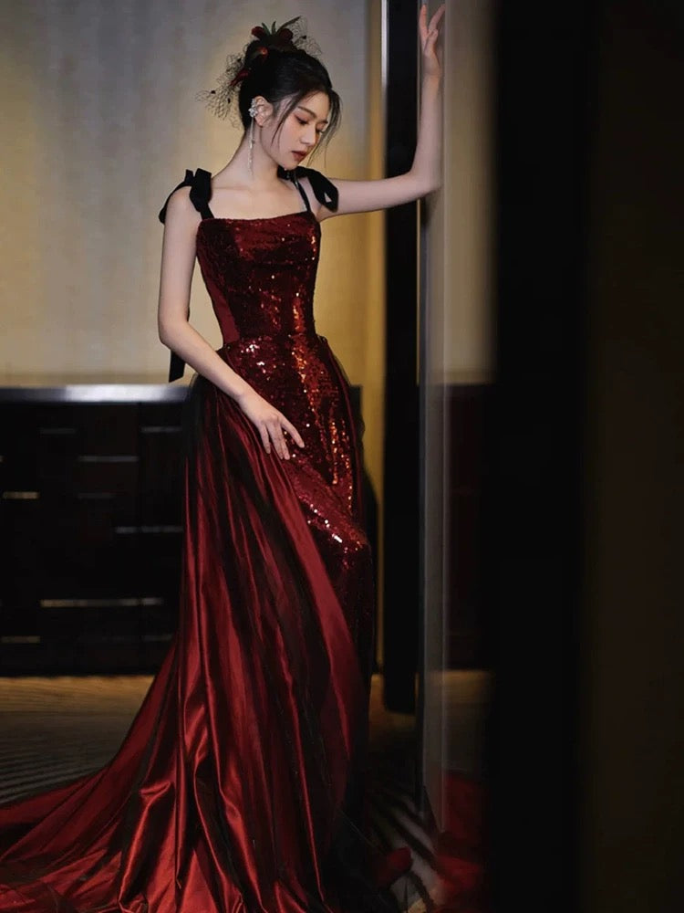 Sexy Mermaid Spaghetti Straps Burgundy Floor Length Evening Dress Prom Dresses