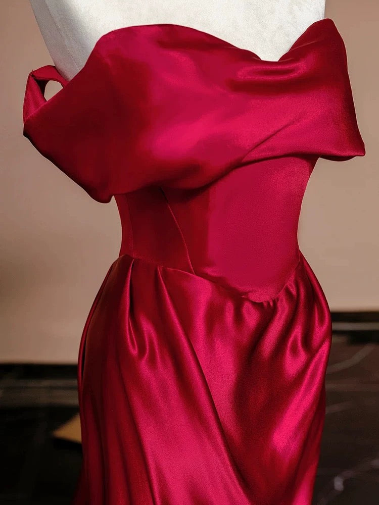 Sexy Mermaid Off The Shoulder Satin Red Floor Length Evening Dress Prom Dresses
