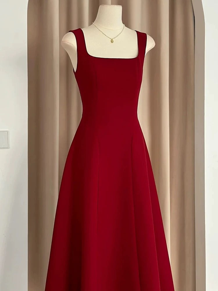Sexy A Line Square Neckline Red Satin Ankle Length Evening Dress Prom Dresses