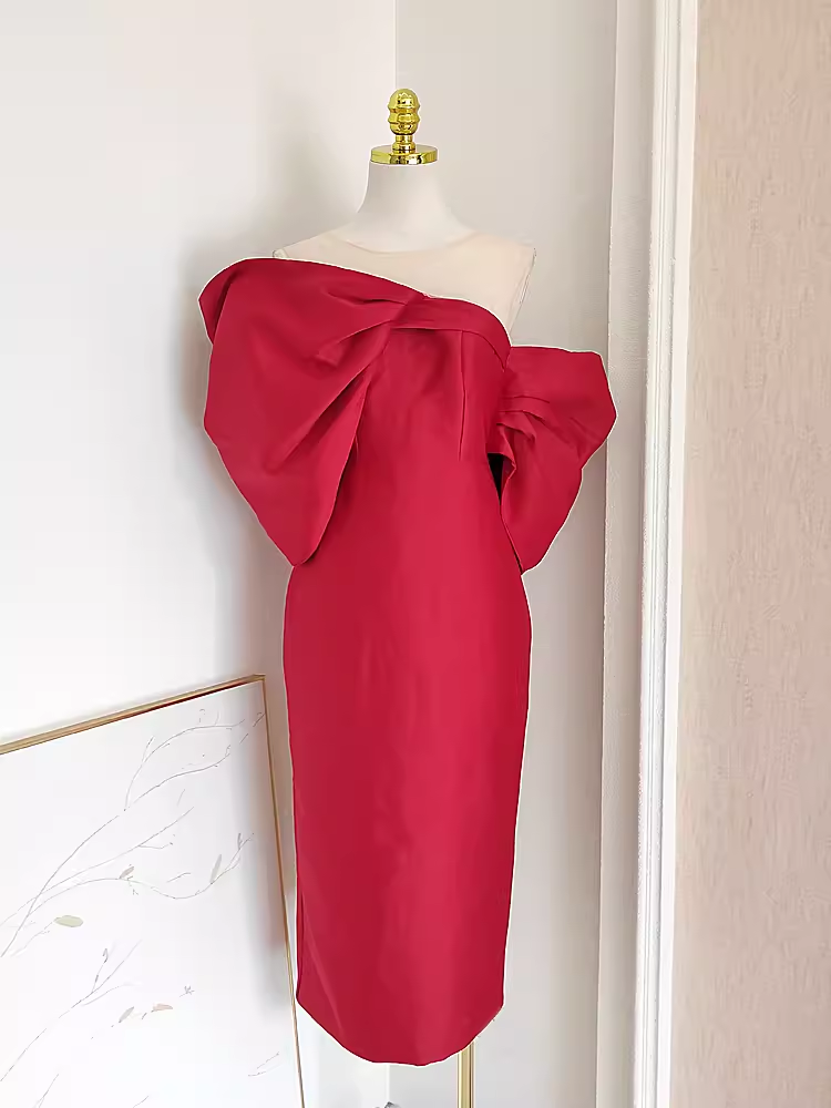 Sexy Sheath Strapless Red Vacation Dress Satin Women Dresses