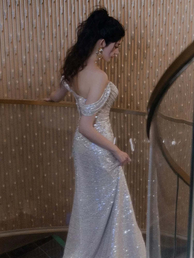 Sexy Sheath Off The Shoulder Sequin Slit Floor Length Evening Dress Prom Dresses