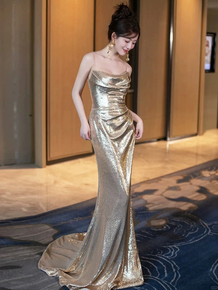 Sexy Mermaid Spaghetti Straps Sequin Gold Floor Length Evening Dress Prom Dresses