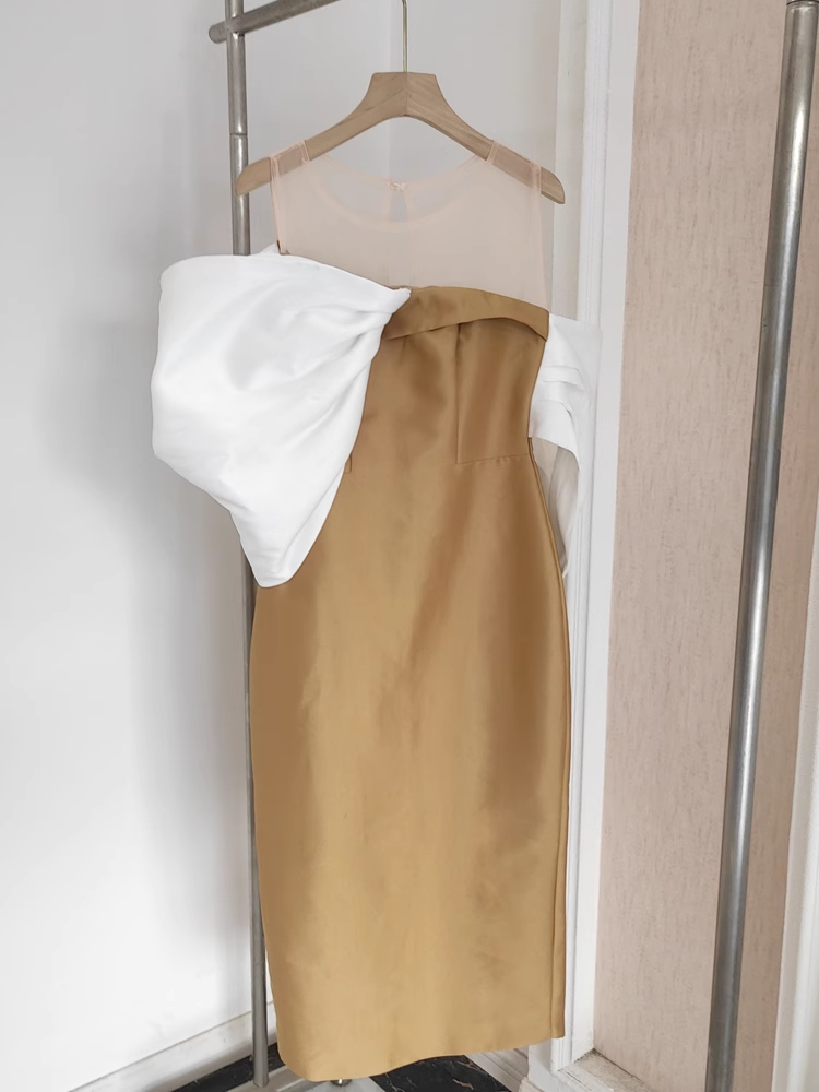 Sexy Sheath Strapless Gold Vacation Dress Satin Women Dresses