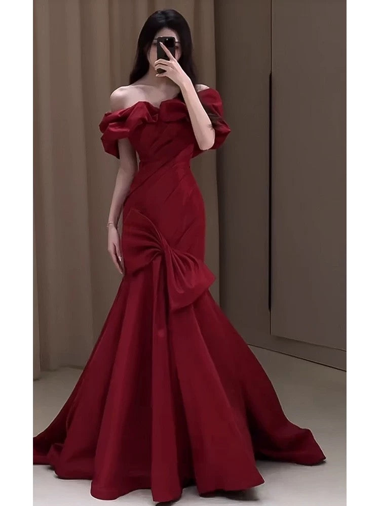 Sexy Mermaid Off The Shoulder Burgundy Satin Floor Length Evening Dress Prom Dresses