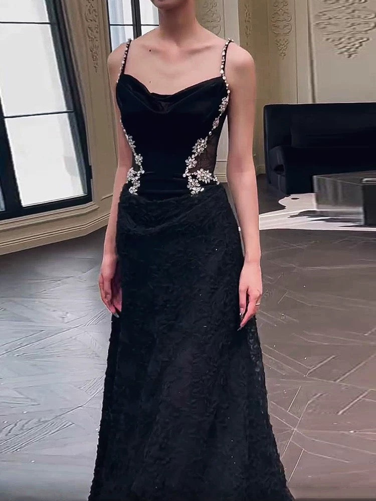 Sexy Mermaid Spaghetti Straps Black Floor Length Evening Dress Prom Dresses
