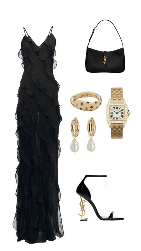 Sexy Mermaid Spaghetti Straps Floor Length Black Chiffon Evening Dress Prom Dresses