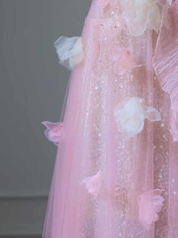 Modest A Line Sweetheart Pink Tulle Sequin Flowers Evening Dress Prom Dresses