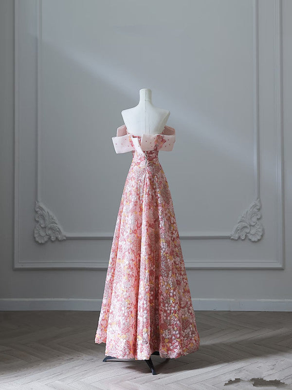 Pretty A Line Off The Shoulder Sequin Pink Floor Length Evening Dress Prom Dresses