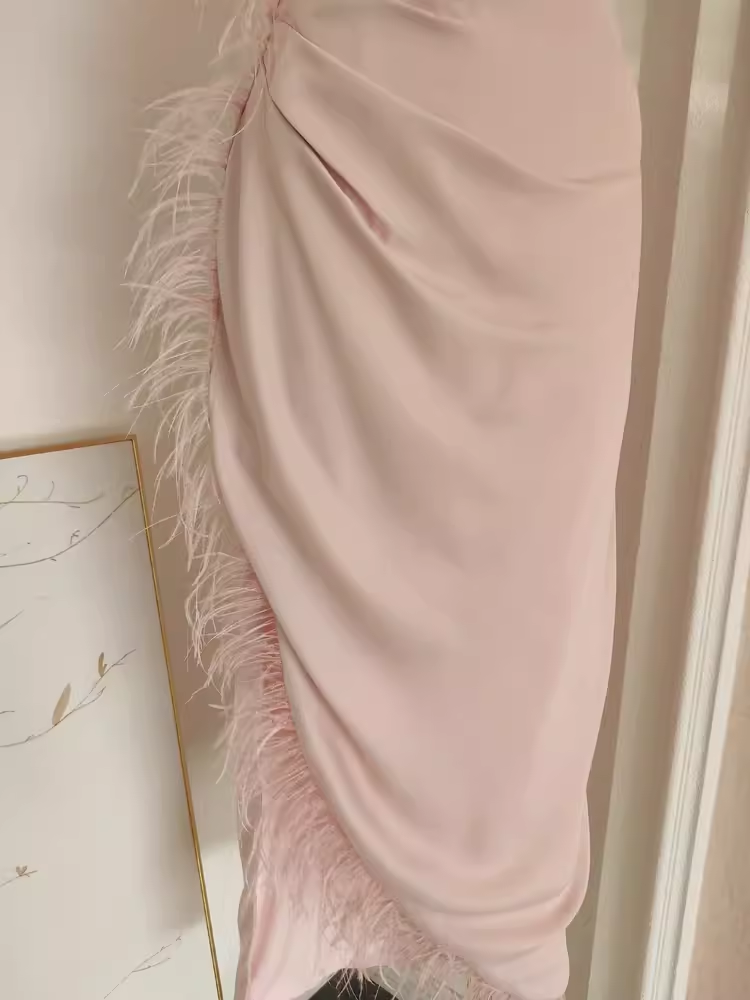 Sexy Sheath One Shoulder Pink Vacation Dress Satin Women Dresses WIth Feather