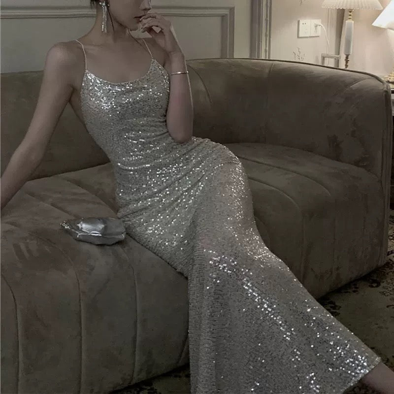 Sexy Mermaid Spaghetti Straps Sequin Floor Length Evening Dress Prom Dresses