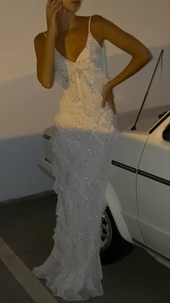 Sexy Mermaid Spaghetti Straps Floor Length Sequin White Evening Dress Prom Dresses