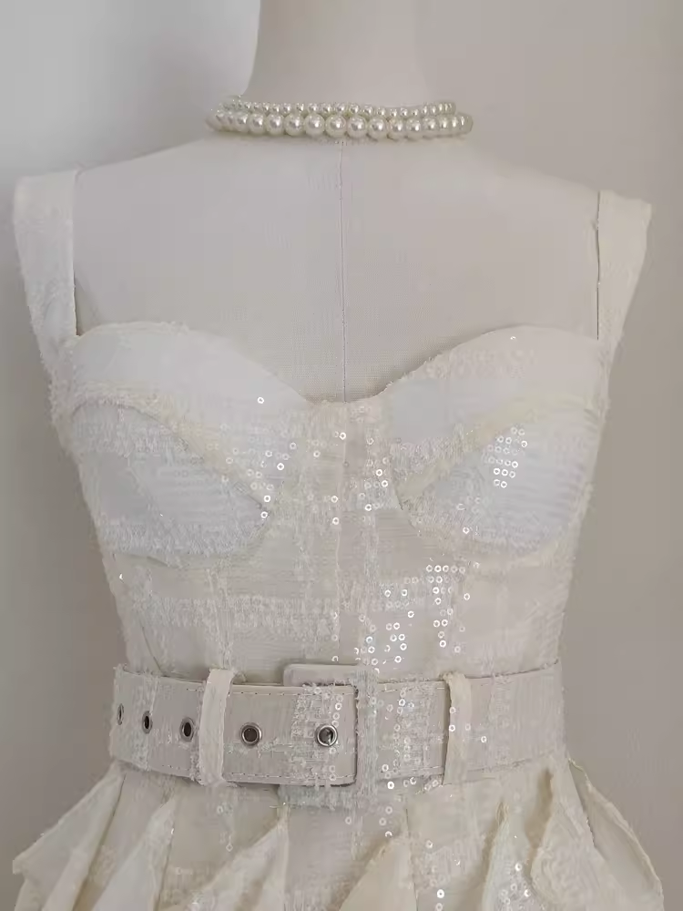 Cute A line Straps White Sequin Travel Vacation Dresses Short Birthday Dress