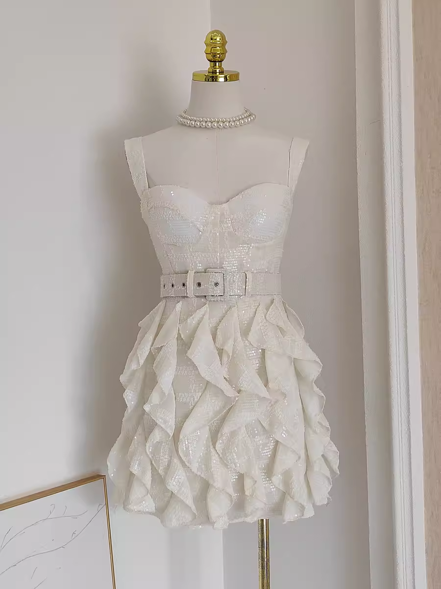 Cute A line Straps White Sequin Travel Vacation Dresses Short Birthday Dress