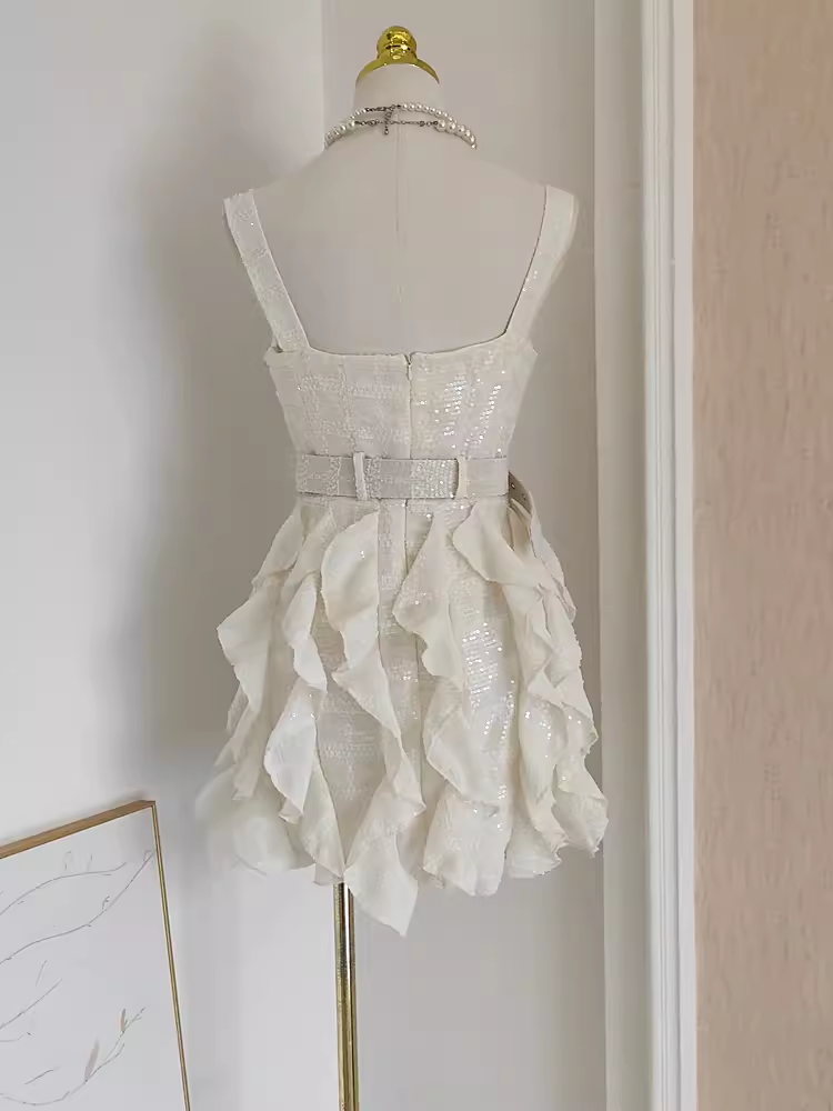 Cute A line Straps White Sequin Travel Vacation Dresses Short Birthday Dress