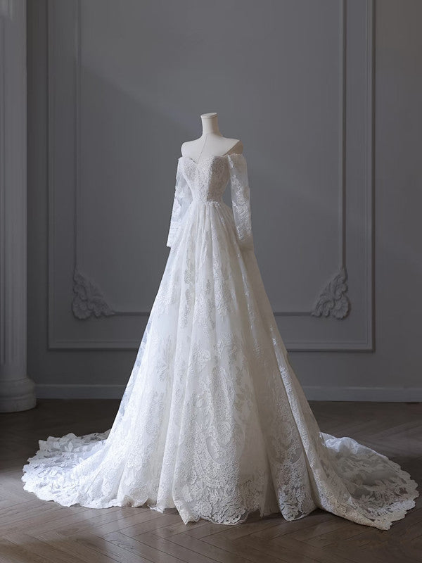 Princess A line Off The Shoulder White Lace Long Wedding Dresses Brides Dress