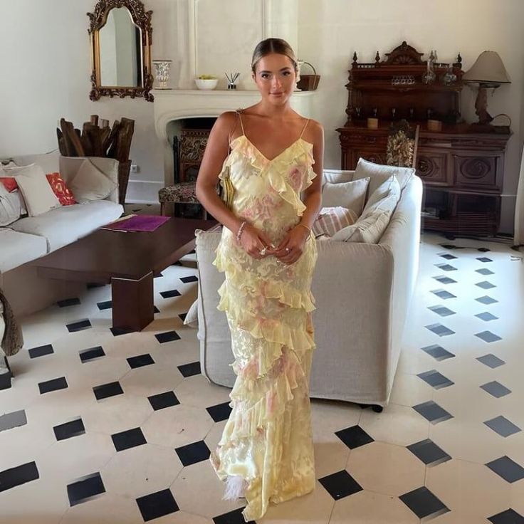 Sexy Mermaid Spaghetti Straps Floor Length Floral Yellow Chiffon Evening Dress Prom Dresses