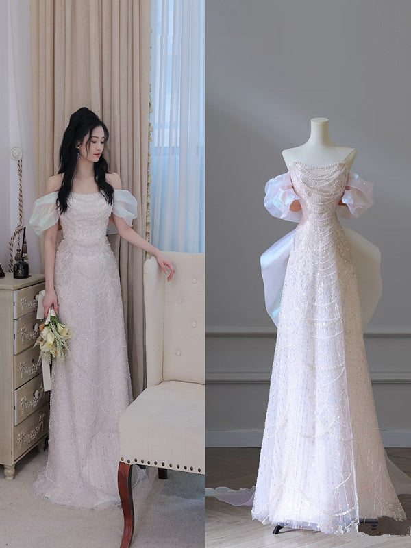 Modest A Line Off The Shoulder Sequin Pink Floor Length Evening Dress Prom Dresses