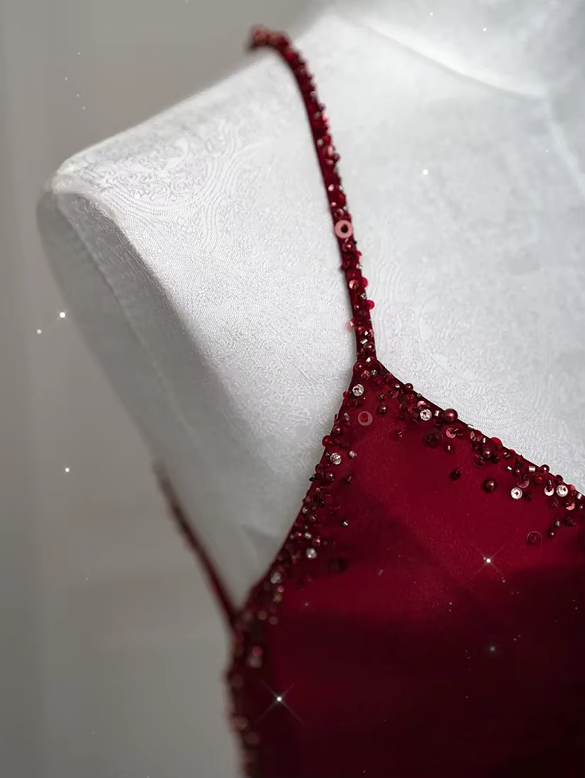 Sexy Mermaid Spaghetti Straps Floor Length Burgundy Satin Backless Prom Dresses