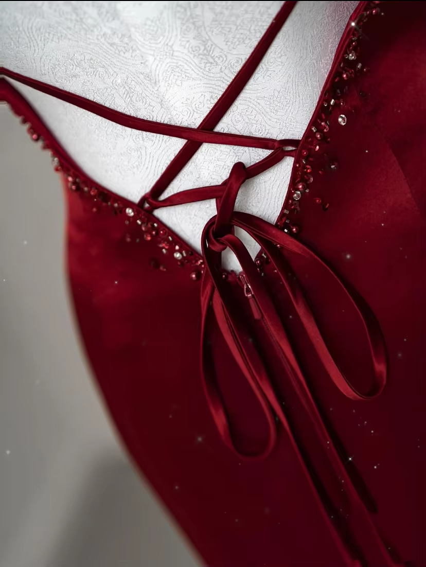 Sexy Mermaid Spaghetti Straps Floor Length Burgundy Satin Backless Prom Dresses