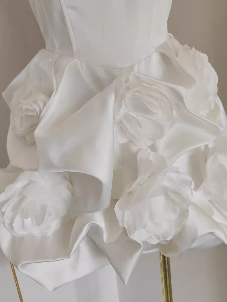 Cute A line Sweetheart White Satin Holiday Dresses Short Birthday Dress Pleated Three-dimensional Flowers