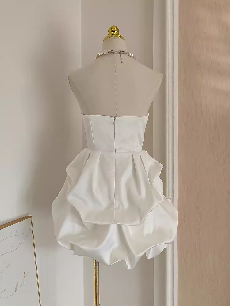 Cute A line Sweetheart White Satin Holiday Dresses Short Birthday Dress Pleated Three-dimensional Flowers