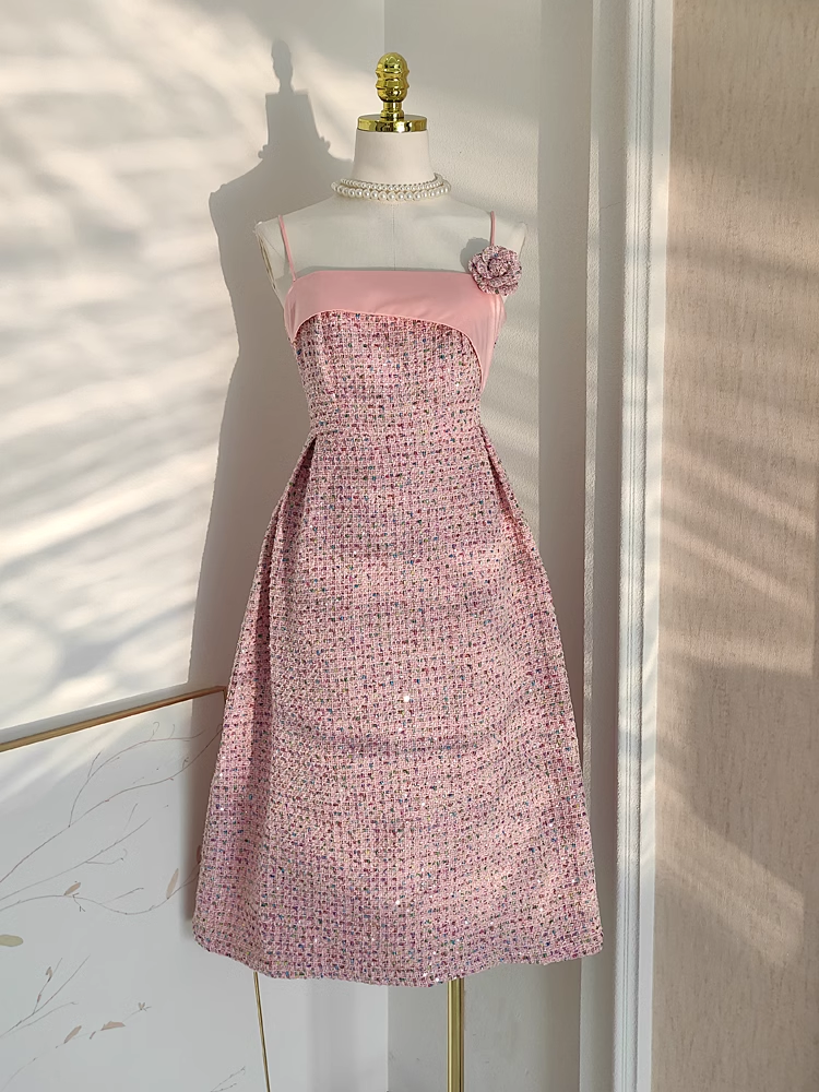 Chic A line Spaghetti Straps Pink Vacation Dress Long Women Dresses