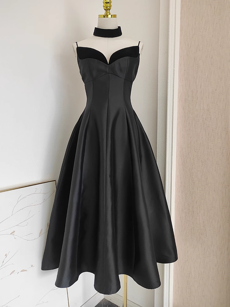 Sexy A line Spaghetti Straps Black Vacation Dress Satin Women Dresses