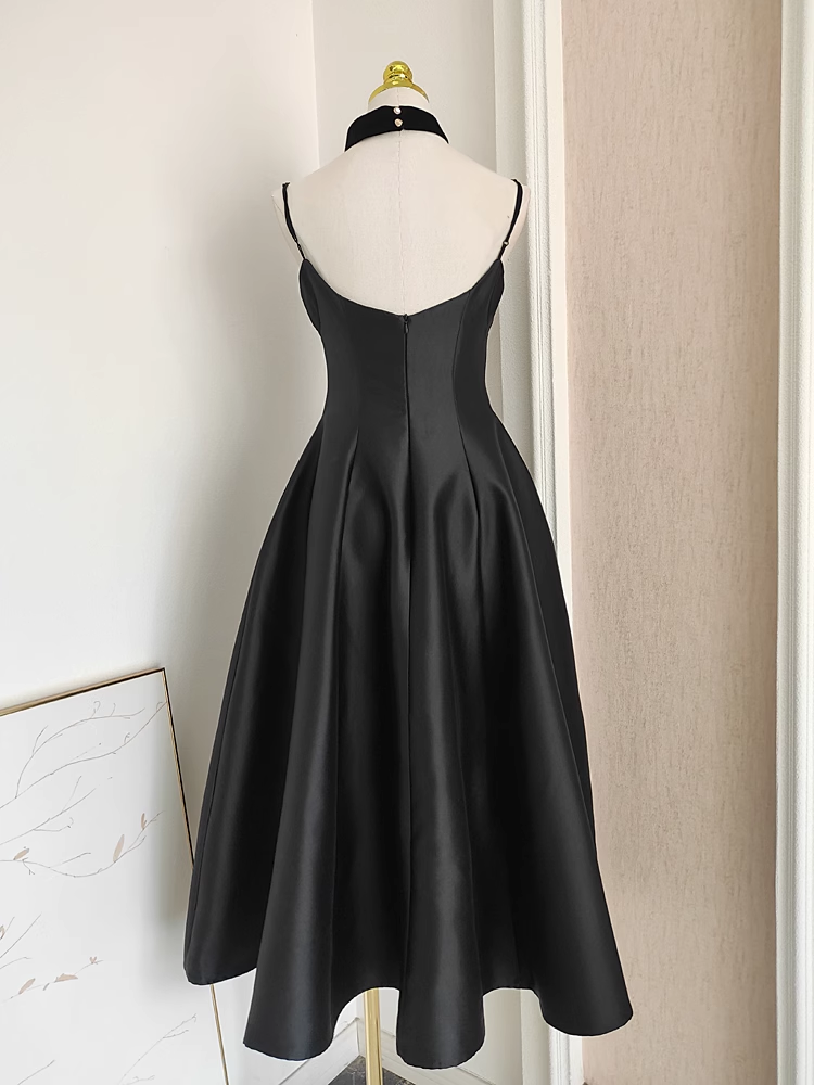 Sexy A line Spaghetti Straps Black Vacation Dress Satin Women Dresses