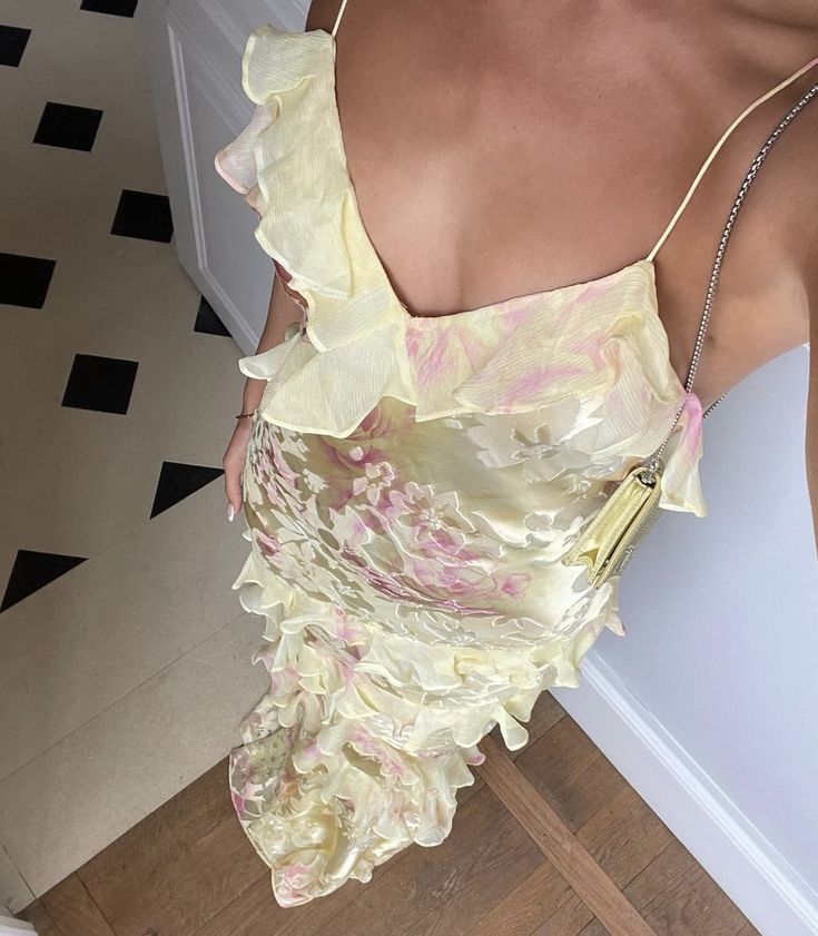Sexy Mermaid Spaghetti Straps Floor Length Floral Yellow Chiffon Evening Dress Lace Prom Dresses