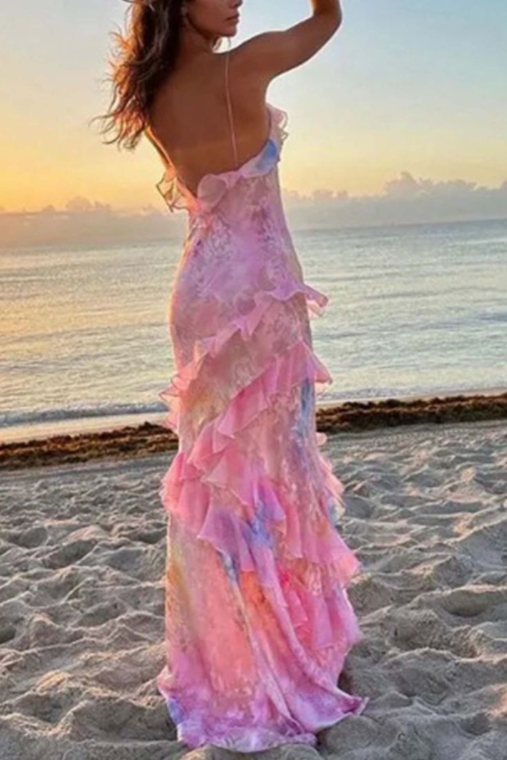 Sexy Mermaid Spaghetti Straps Floor Length Floral Pink Chiffon Evening Dress Lace Prom Dresses