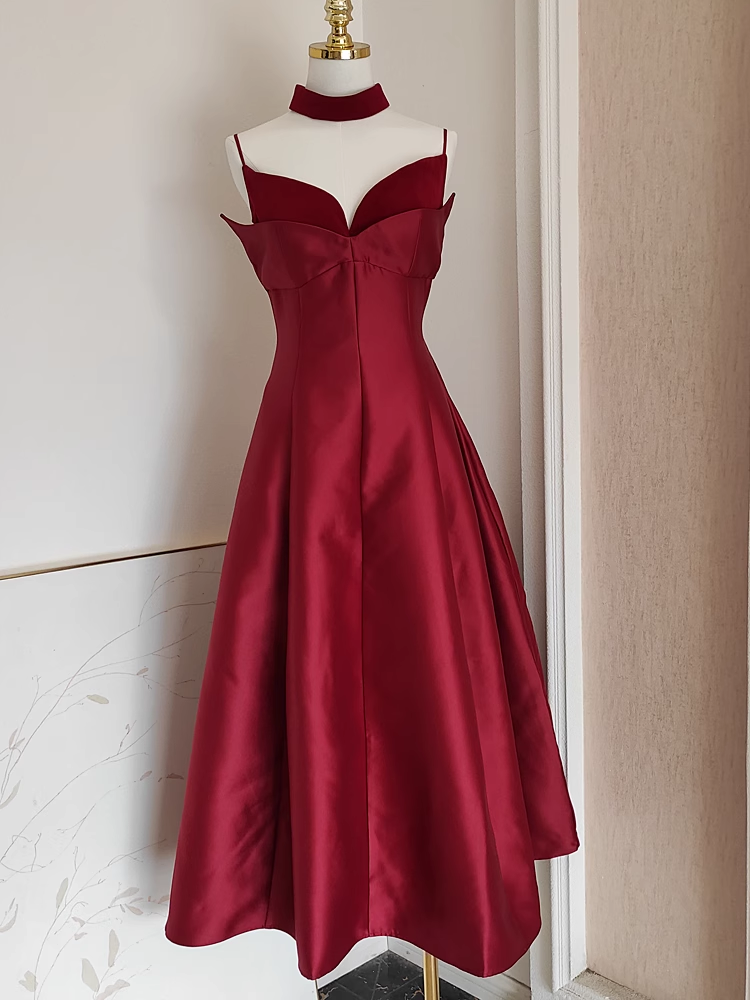 Sexy A line Spaghetti Straps Burgundy Vacation Dress Satin Women Dresses