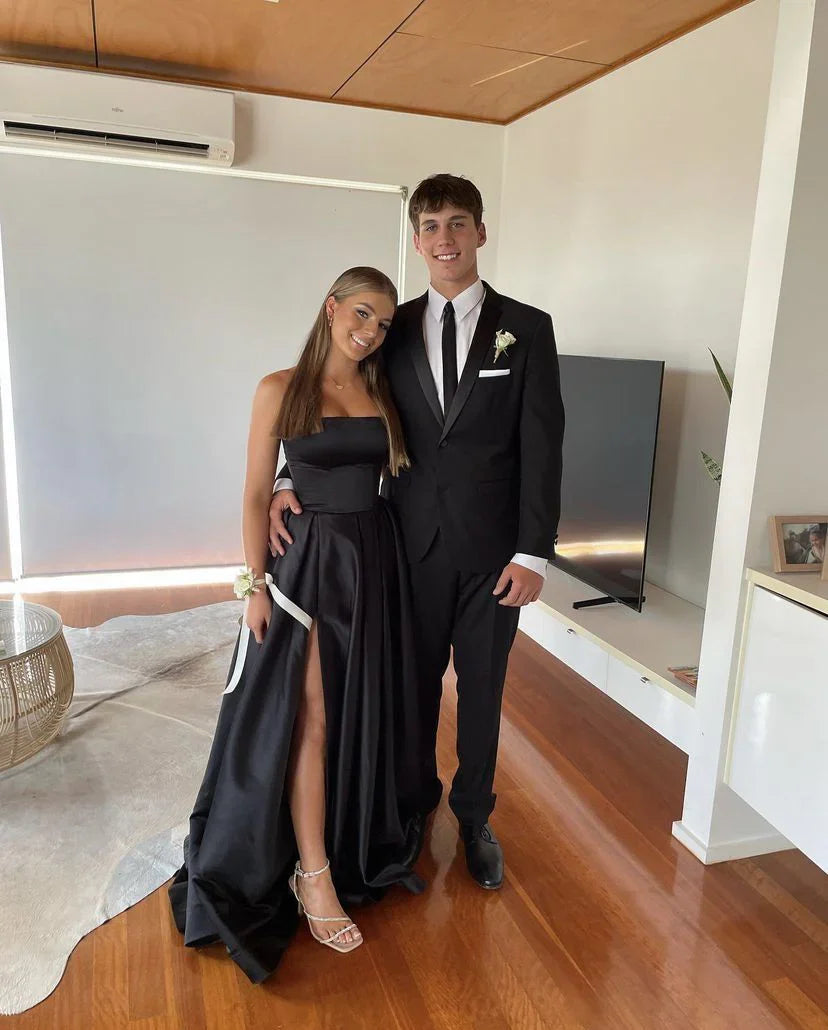 Pretty A Line Strapless Black Satin Evening Dress With Split Prom Dresses