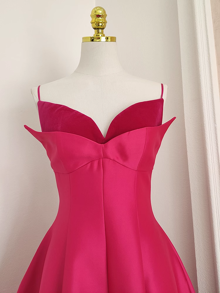 Sexy A line Spaghetti Straps Hot Pink Vacation Dress Satin Women Dresses