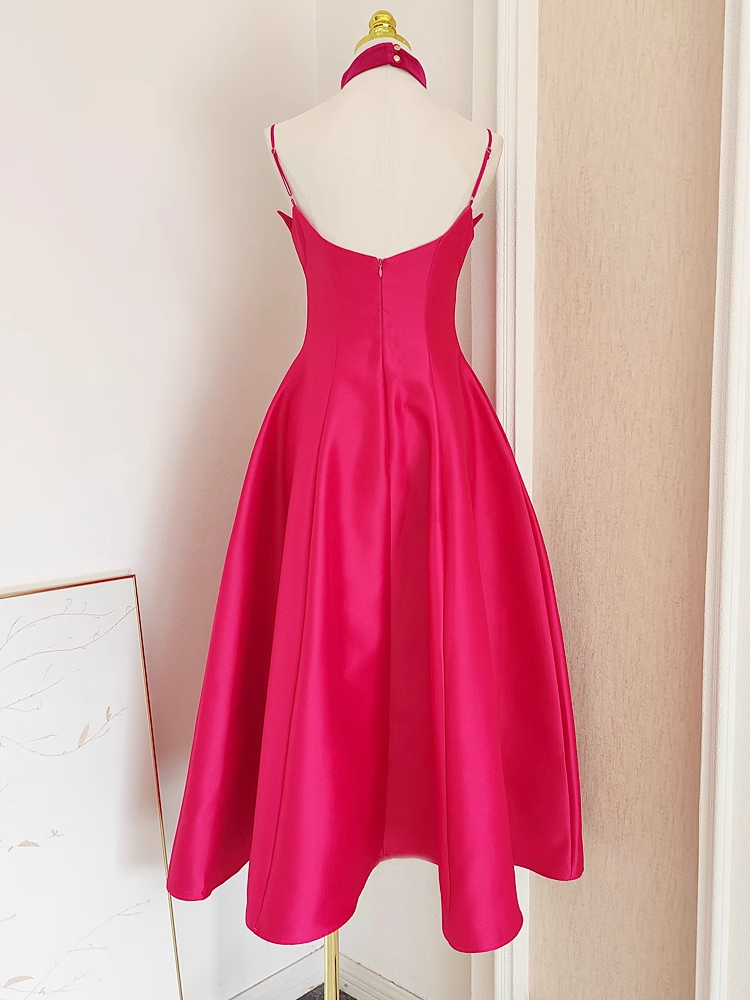 Sexy A line Spaghetti Straps Hot Pink Vacation Dress Satin Women Dresses