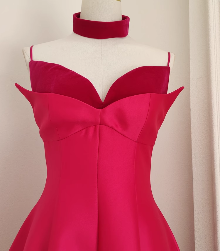 Sexy A line Spaghetti Straps Hot Pink Vacation Dress Satin Women Dresses