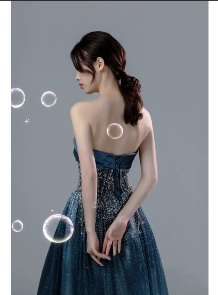 Retro Ball Gown Strapless Neckline Sequin Blue Party Dress Long Prom Dress Evening Dresses