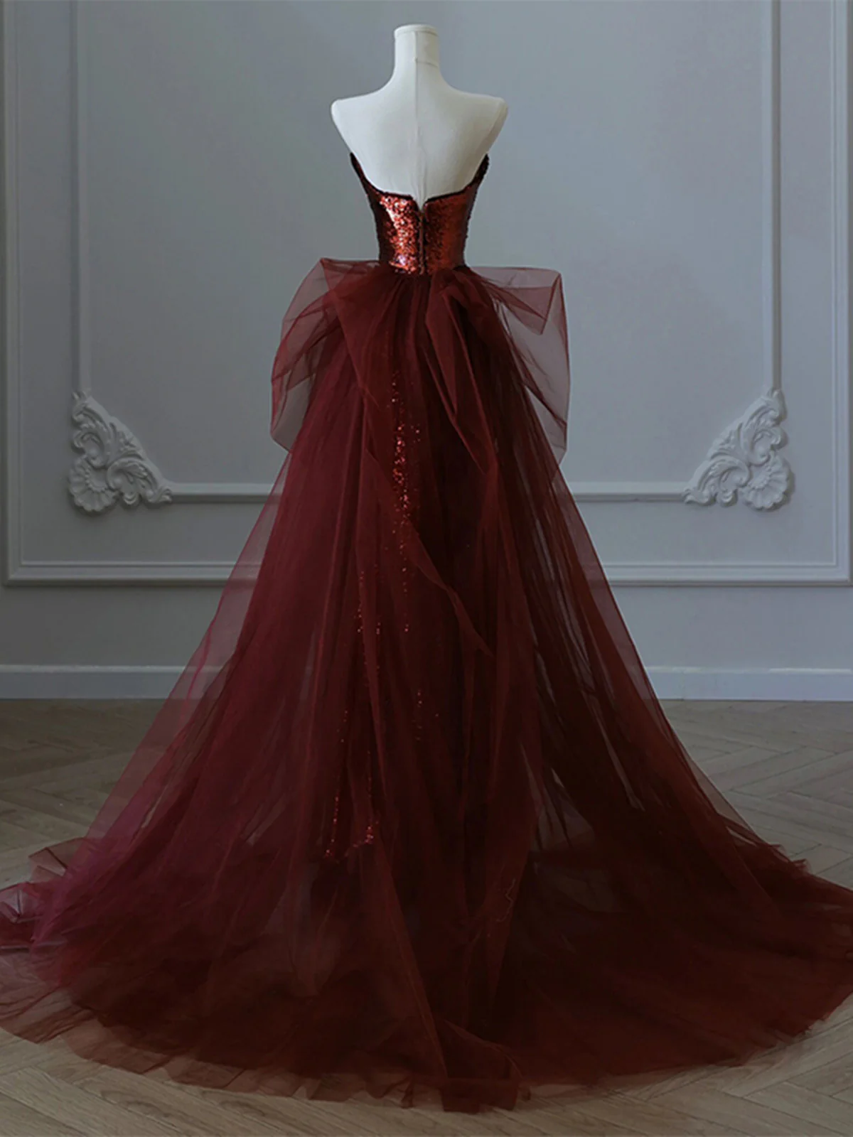 Modest Mermaid Strapless Burgundy Floor Length Evening Dress Sequin Prom Dresses