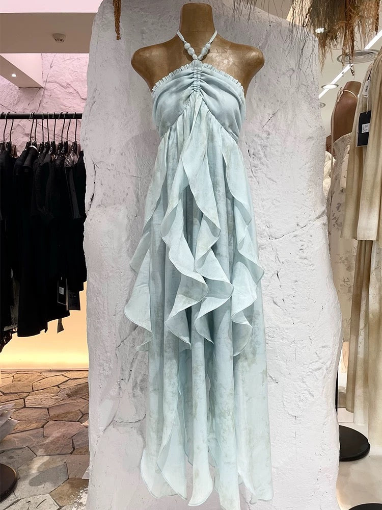 Cute A line Halter Ruffled Floral Blue Summer Holiday Dress Women's Long Vacation Dresses