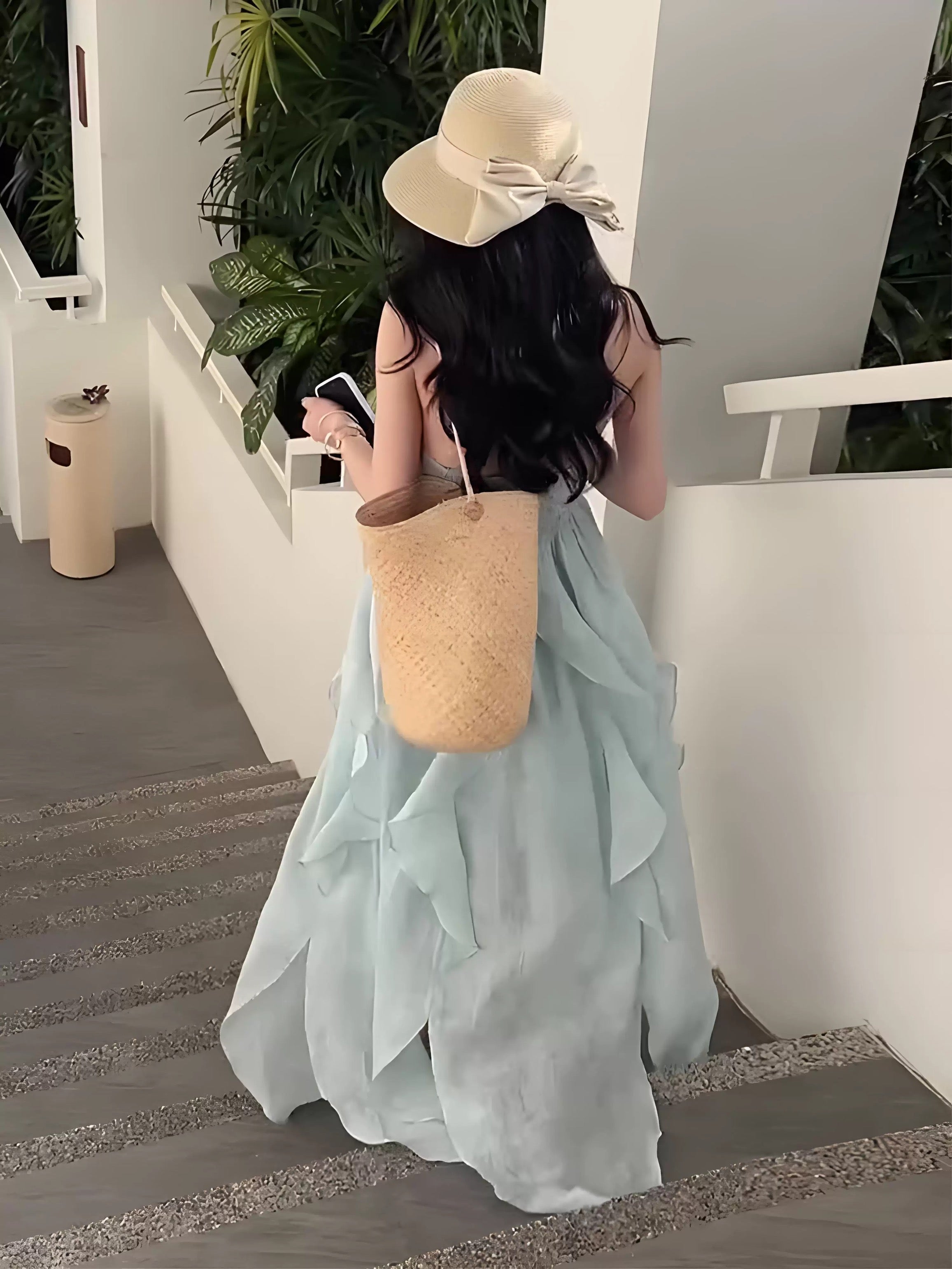 Cute A line Halter Ruffled Floral Blue Summer Holiday Dress Women's Long Vacation Dresses