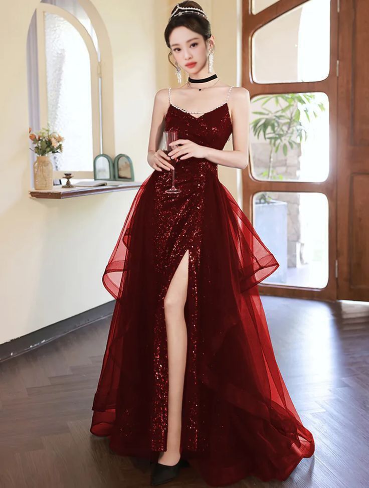 Sexy Mermaid Spaghetti Straps Floor Length Burgundy Sequin Long Prom Dresses