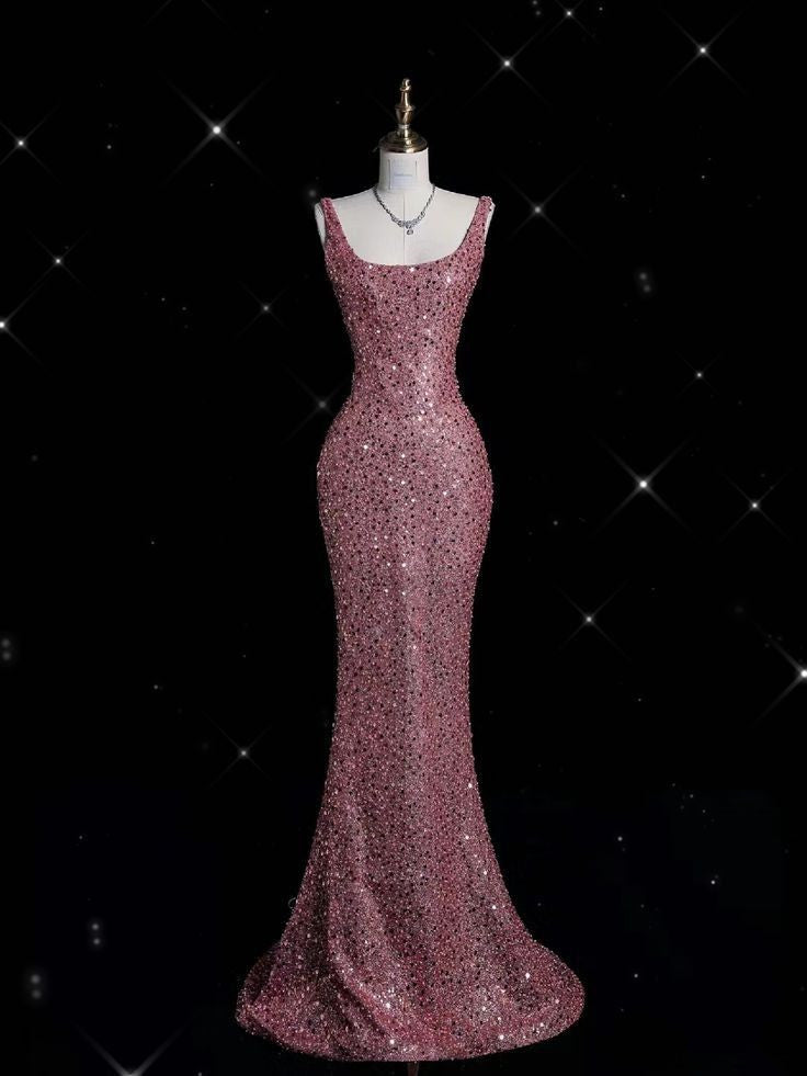 Sexy Mermaid Straps Floor Length Pink Sequin Long Prom Dresses Evening Gowns