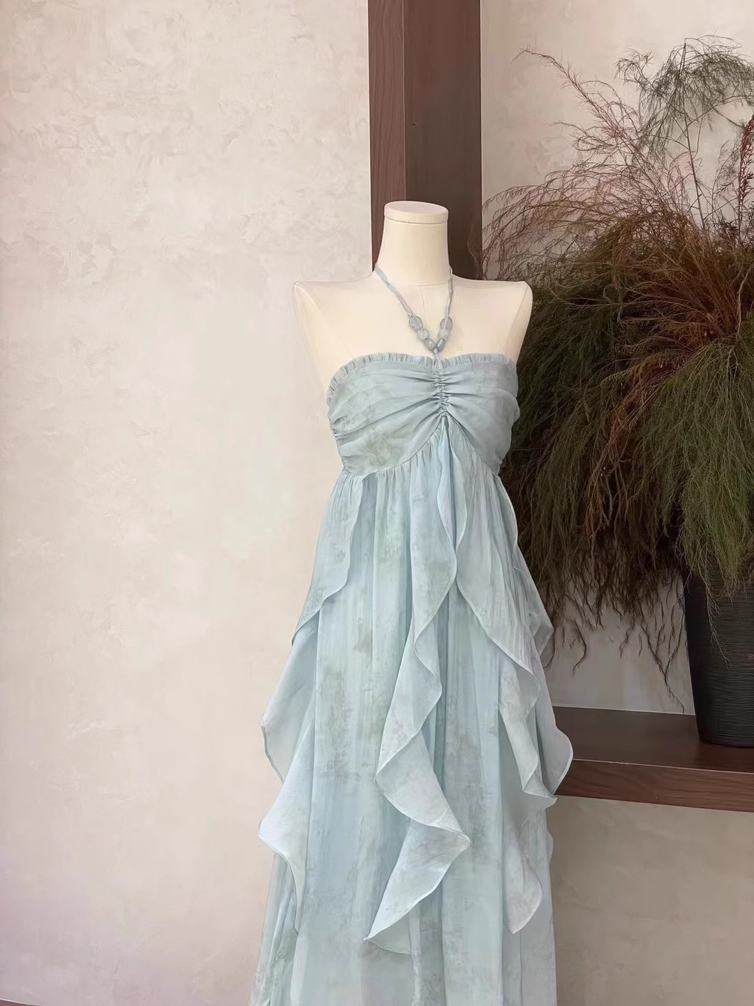 Cute A line Halter Ruffled Floral Blue Women's Long Vacation Dresses
