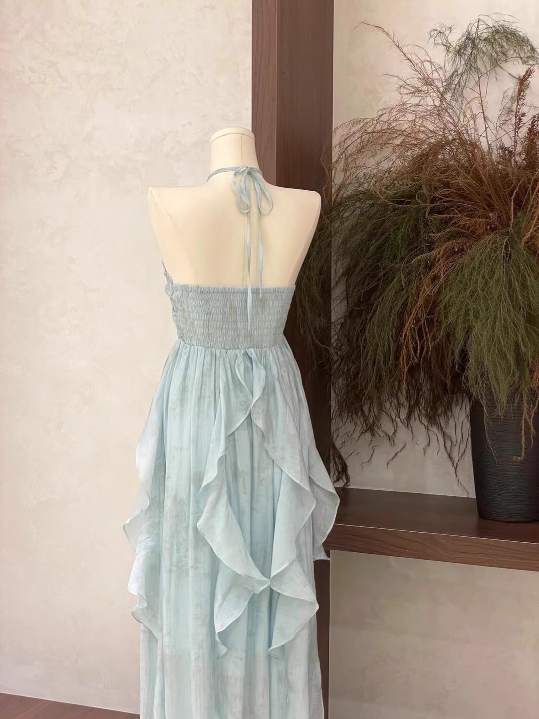 Cute A line Halter Ruffled Floral Blue Women's Long Vacation Dresses