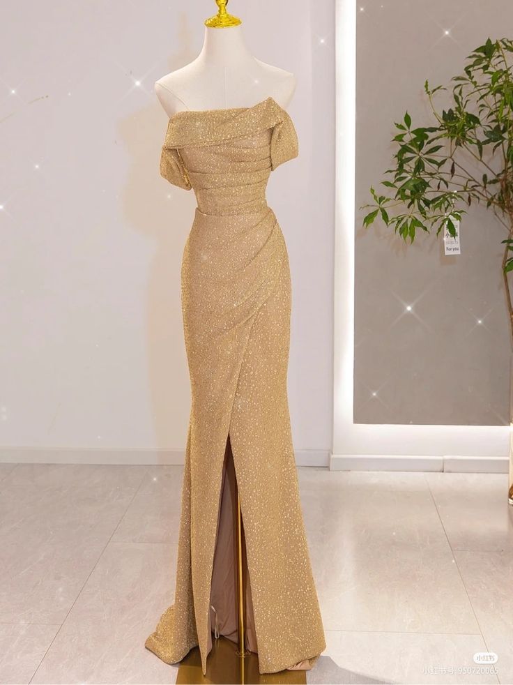 Classy Mermaid Off The Shoulder Gold Slit Sequin Long Party Dress Prom Dresses