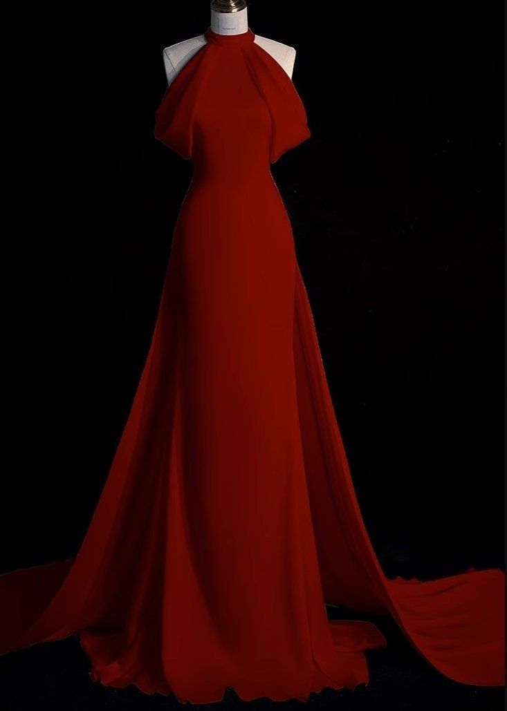Sexy Sheath Halter Red Satin Long Prom Dress Evening Dress Formal Dress