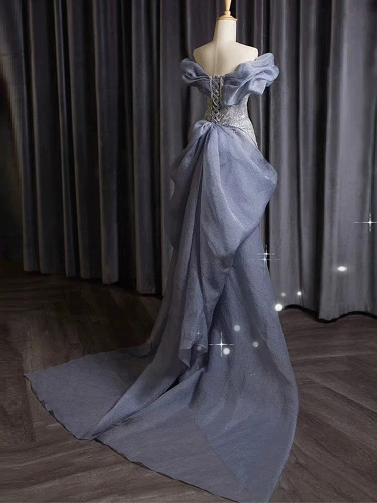 Classy Mermaid Off The Shoulder Blue Sequin Long Party Dress Prom Dresses