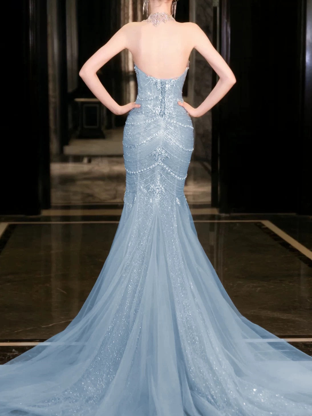 Classy Mermaid High Neckline Tulle Blue Beads Long Party Dress Prom Dresses