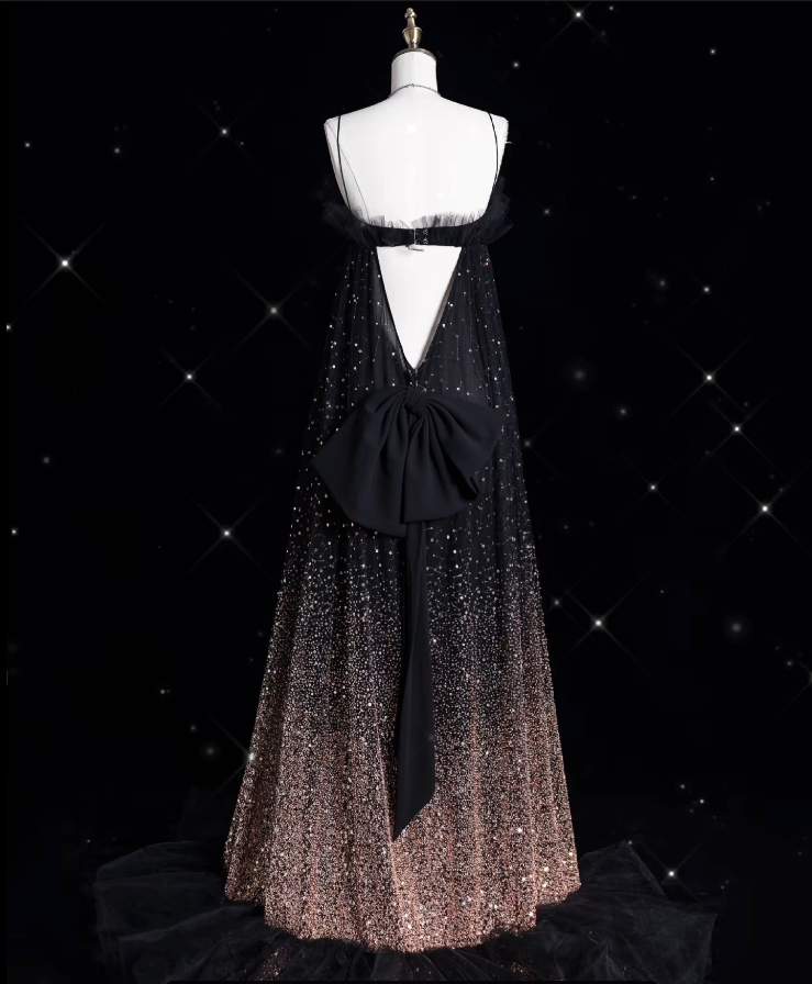 Aesthetic A line Spaghetti Straps Sequin Brown Long Evening Dress Prom Dresses